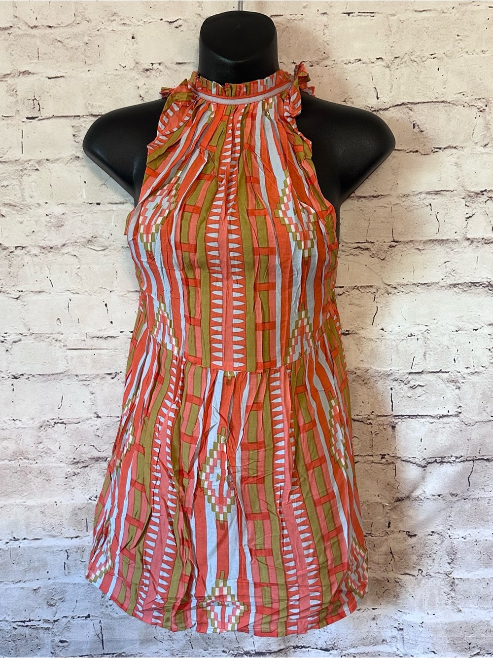 Christopher Sauvant Sleeveless Halter Mini Dress /Top in Coral, Olive & White